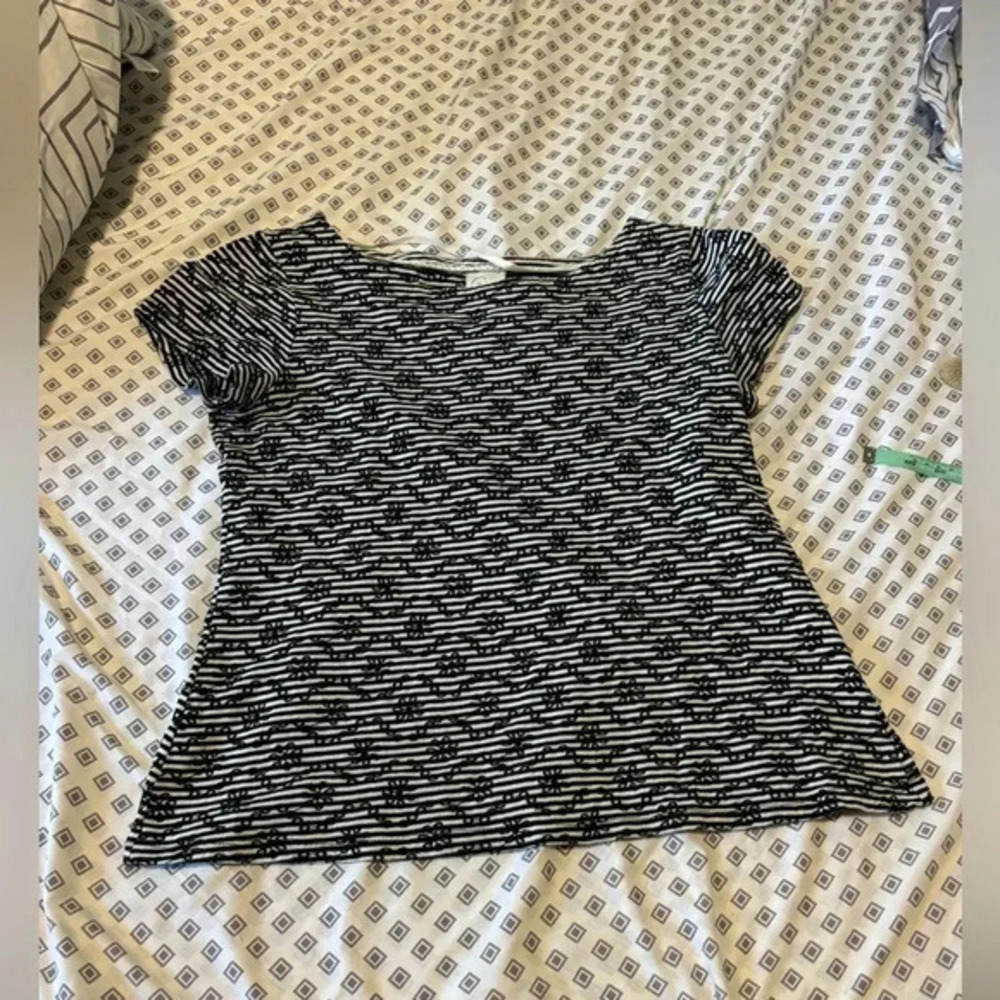 Postage stamp by Anthropologie black striped floral embroidered short sleeve top